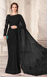 3-piece Unstitched Net Saree Embroidered Sequence Hand Embellished Saree for Women's