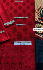 3-piece Unstitched Crimson Lawn Embroidered with Chicken Karri Sleeves Dress for Women’s (Women's Clothing)