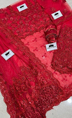 3-piece Unstitched Net Saree Embroidered Sequence Hand Embellished Saree for Women's